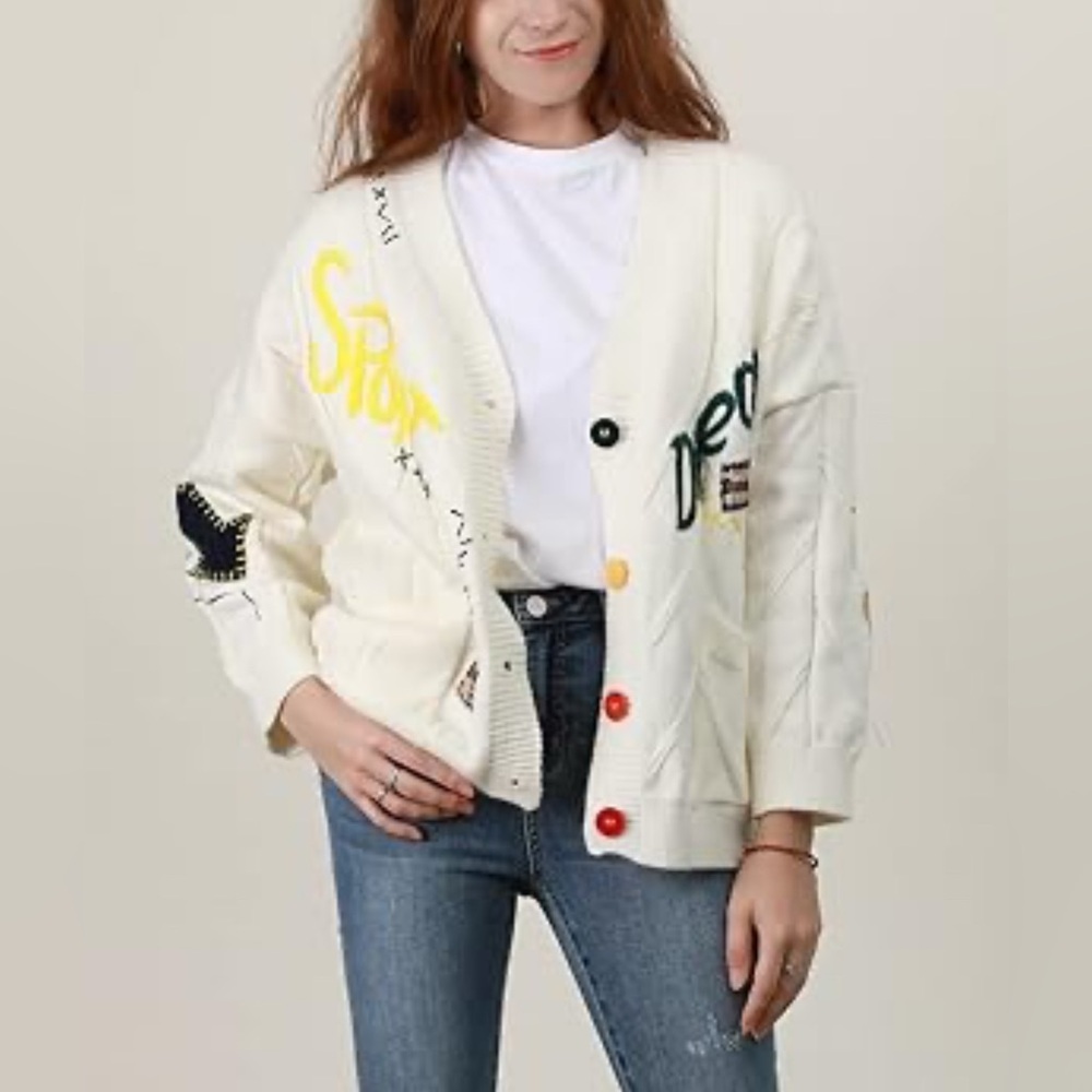 Embroidered V Neck Cardigan Size S Artsy Chunky E Girl Teacher Schoolgirl Unique - Picture 2 of 12